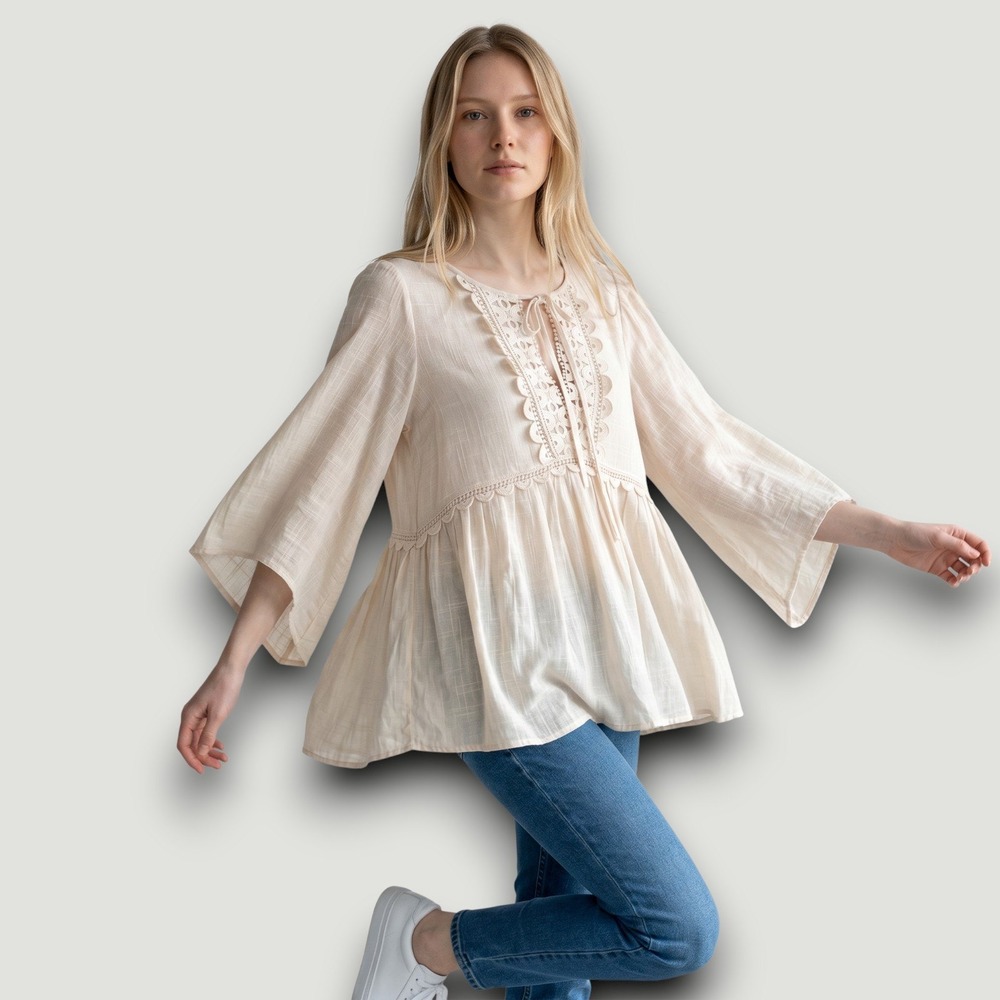 Max Studio Womens Top Blouse Cream S Boho Crochet Lace Bell Sleeve